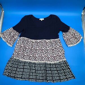 Umgee Navy Mixed Print Tiered Babydoll Tunic Top Bell Sleeve Crochet Trim Large